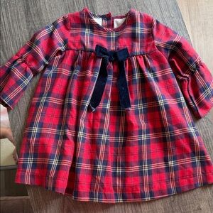 Red Plaid Girls' Formal Dress with Navy Bow